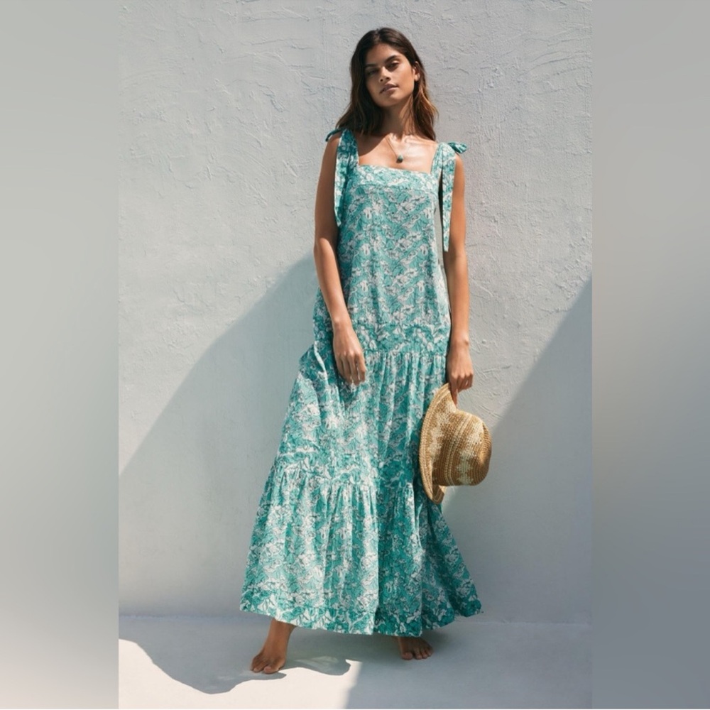 NWT Anthropologie Ro’s Garden Vail Maxi Dress Size L Aqua Floral 100% Cotton